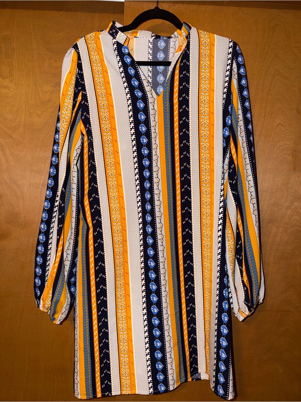 Striped V-Neck Long Sleeve Shift Dress - Navy & Mustard